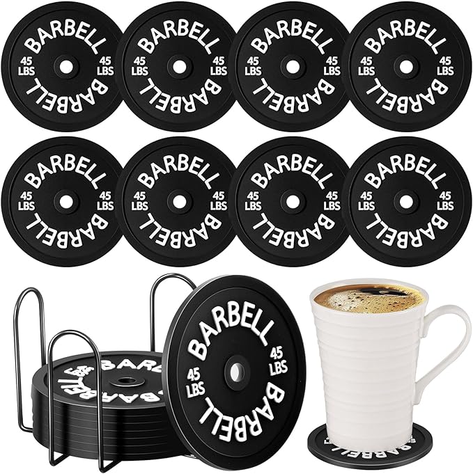 Blushtier 8 Pcs Barbell Bumper Plate Cool Coasters Round Silicone Coasters Weight Plate Coaster with Rack Holder for Gym Lovers Gym Accessories(Black)