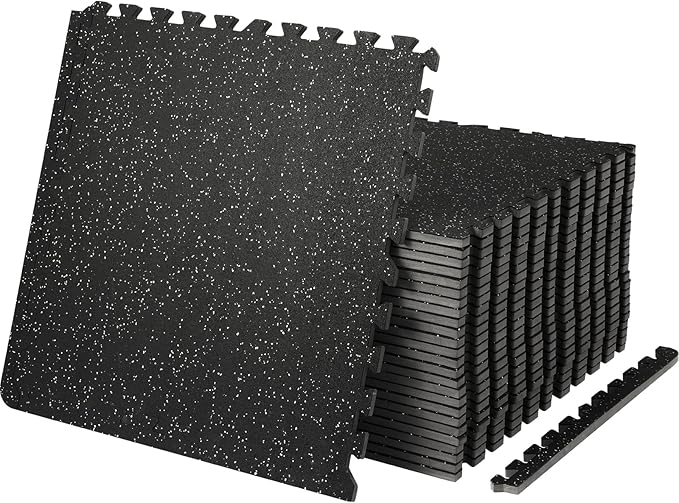 VEVOR 0.56Inch 100sq.ft Exercise Equipment Mats, 25 Tiles Upgraded Rubber Top with High Density EVA Foam, Interlocking Gym Flooring for Home Gym, 25 x 25In Gym Mats, Puzzle Workout Mats, Black & Gray