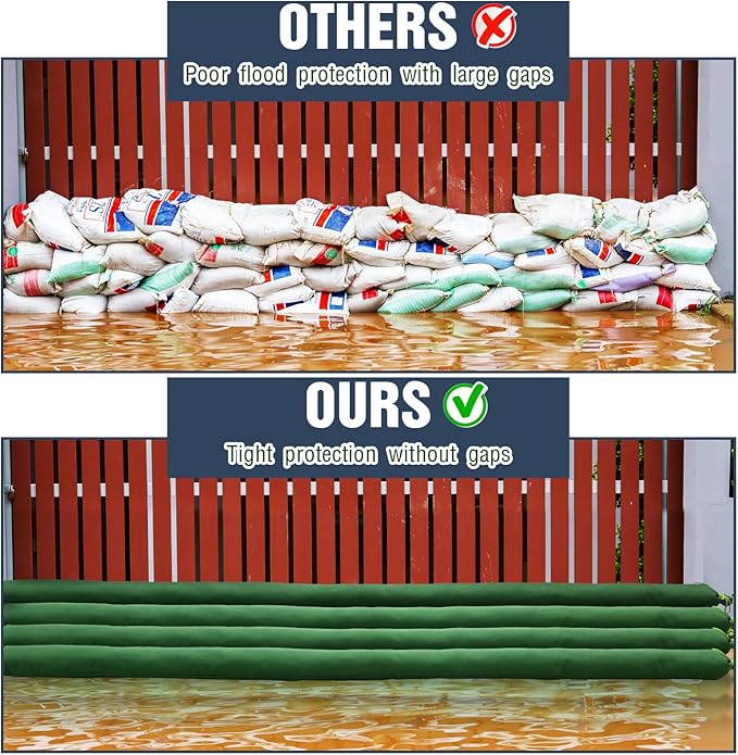 Threan 2 Pcs Long Canvas Sandbags for Flooding Sand Tube Bags Flood Protection Thickened Reusable Rain Wind Flood Barrier with Elastic Band Water Barrier Tube for Door Rain Control, Green (24ft)