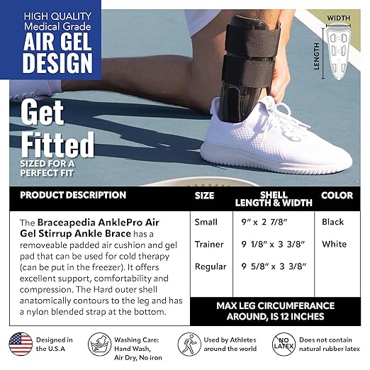 AnklePro Air Cushion Stirrup Ankle Stabilizer Brace - Removable Cold Therapy 3-Strap Rigid Stirrup Ankle Splint w/Gel Pad for Women & Men - Lateral Support for Stability, Black, Trainer
