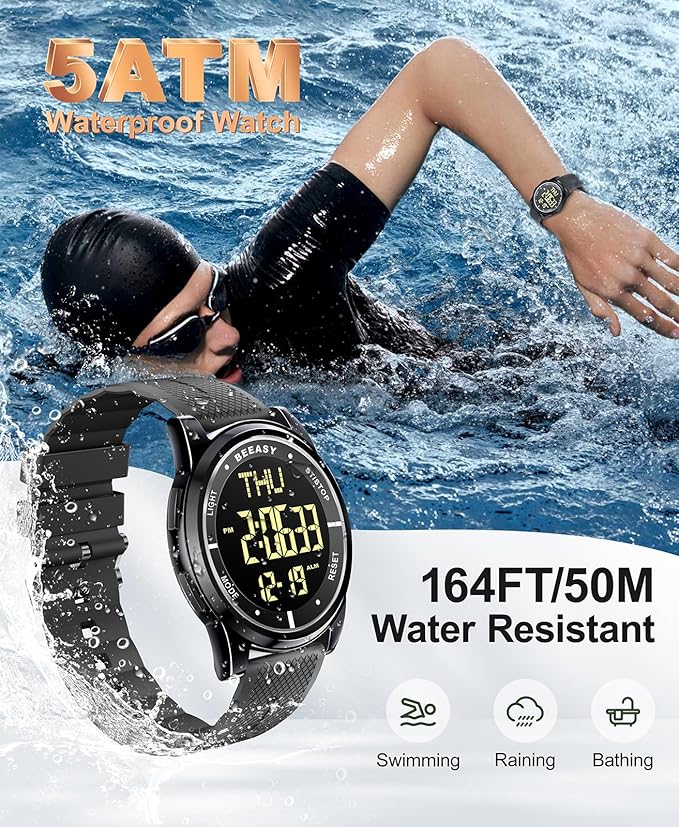 Beeasy Digital Watch for Men Women, 50M Waterproof, Ultra-Thin & Lightweight, 44mm Silicone Sports Watch with Alarm, Stopwatch, Countdown, Ideal for Gym, Running, School, Daily Wear