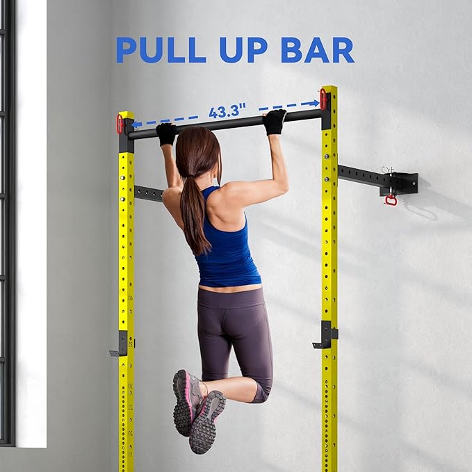 Soozier Folding Squat Rack with Adjustable Pull-Up Bar, 1000 Pounds Capacity Wall Mounted Power Rack, Adjustable Barbell Rack with J Hooks for Home Gym Full Body Workout