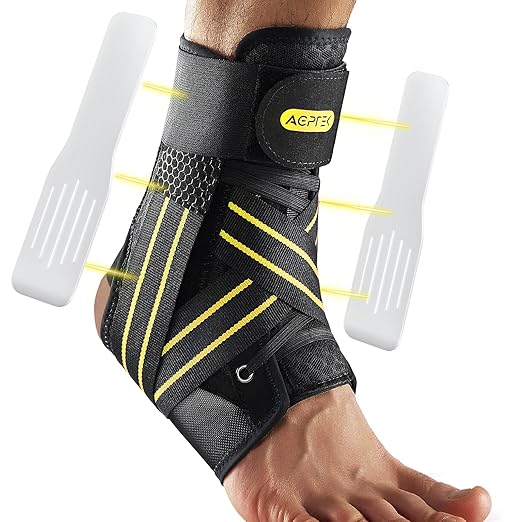 AGPTEK Ankle Brace for Women Men, Adjustable Lace-Up Ankle Support with Removable Splints for Sprained Ankle, Injury Recovery, Ankle Stabilizer Wrap for Basketball Volleyball Sports,Yellow, L