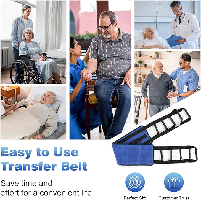Rhino Valley Transfer Sling, Gait Belt with 10 Padded Handles, 9.7" Extra Wide Transfer Belt for Seniors, 330lbs Heavy Duty Lift Assist for Bed, Wheelchai,Non-Slip Nursing Belts Elderly, Injured, Blue