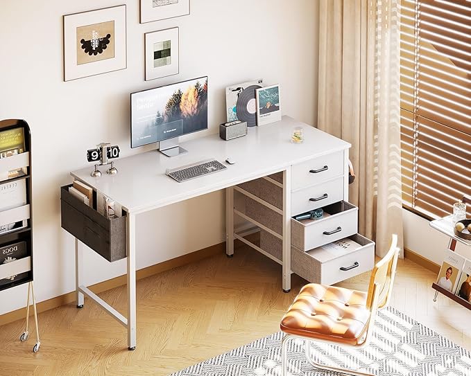 Casaottima 48-Inch Computer Desk with 4 Fabric Drawers — Home Office Desks with Storage, Writing Desk with Side Hook and Cloth Bag, Modern Study/Work Table for Bedroom and Small Space, White