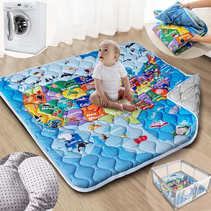 Baby Play Mat, 50x50 Playpen Mat with Super Soft Touch, Thick Activity Mat with Upgraded Anti-Slip Bottom, Machine Washable Crawling Mat for Floor & Picnic (Map)