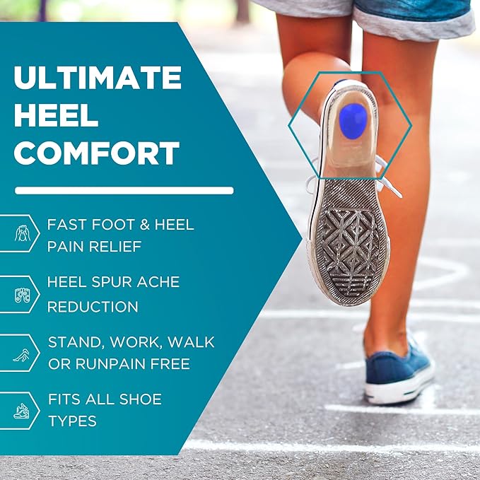 Heel Cups for Achilles Tendonitis & Plantar Fasciitis - 2 Pack Gel Shoe Inserts for Heel Pain Relief, Arch Support, for Women & Men