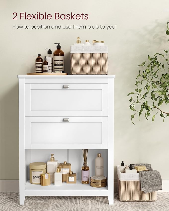 VASAGLE Storage Cabinet, Freestanding Floor Cabinet, 2 Drawers with 1 Set of Adjustable Divider, 2 Baskets, Sideboard, 11.8 x 23.6 x 31.5 Inches, for Bathroom, Living Room, Cloud White UBBC545W02