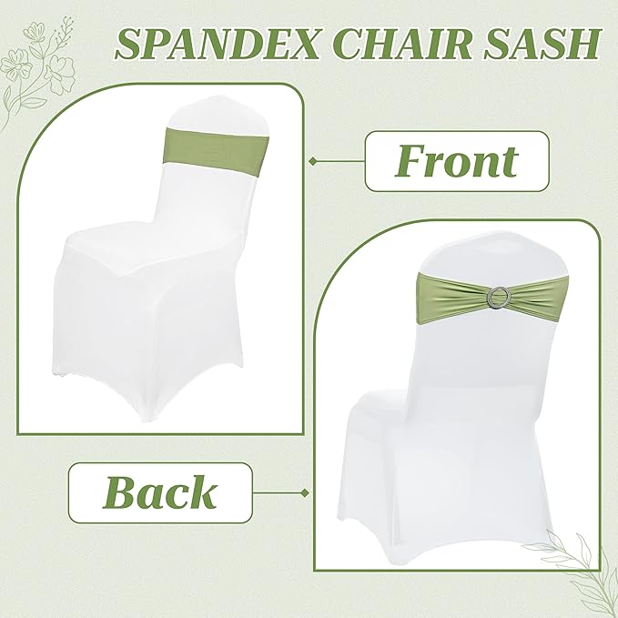 VDS - Sage Green | Spandex Chair Sashes Bows | 200 PCS | Stretch Elastic Banquet Universal Folding Chair Band Tie with Silver Buckle Slider for Wedding Party Conference Celebration Event Decoration