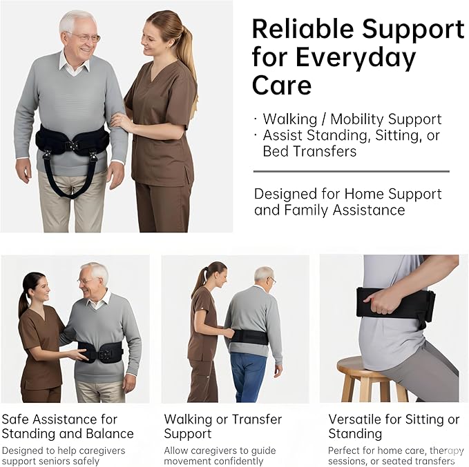 Gait Belt, Upgraded with Metal Buckle & Detachable Leg Straps, 7 Reinforced Handles, Transfer & Lift Belt for Seniors & Elderly, Walking Support and Mobility Assistance (Black, Medium)