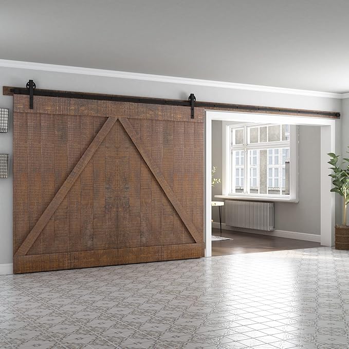 SMARTSTANDARD 18 Feet Heavy Duty Sliding Barn Door Hardware Kit, 4FT - 18FT, Black, Smoothly and Quietly, Simple and Easy to Install, Fit 108" Wide DoorPanel (Industrial Bigwheel Hangers)
