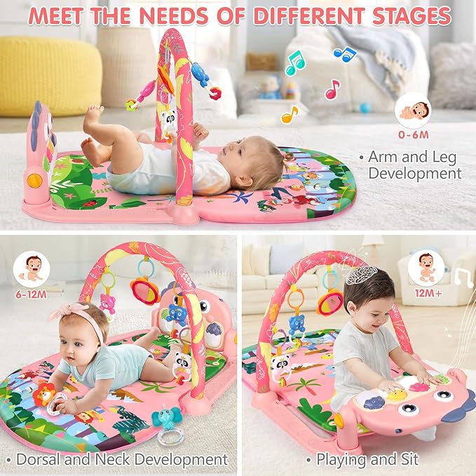 UMIKU Baby Play Mat Baby Tummy Time Mat Activity Center for Newborn Infant Piano Play Gym Mat Music & Light Babies Gifts Boy Girl for Babies 0-6 6-12 Months, Pink Dinosaur