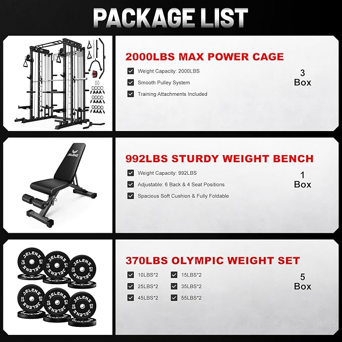 JELENS Smith Machine for Home Gym, Multi-Function M12 Power Cage with Cable Crossover System, Squat Rack with Smith Bar and More Attachment