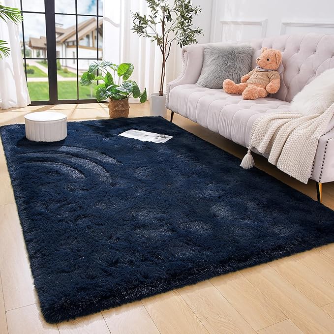 Amearea Premium Soft Area Rug 4x5.3 Feet, Blue Rugs for Living Room, Fluffy Carpet for Bedroom Nursery Playroom Teen Home Decor, Comfortable Indoor Furry Dorm Carpets, Navy Blue