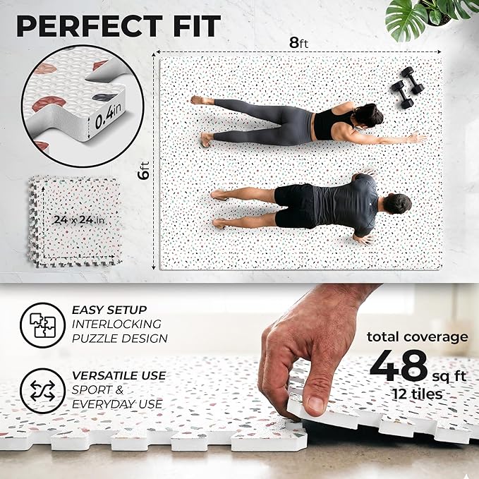 bemaxx Gym Mats Set - 12 pcs EVA Interlocking Foam Floor Tiles (24.4"x24.4"x0.4") 48 sqft Protective Gym Flooring Sports Home Workout Exercise Mats Puzzle Garage Fitness Play-Room Pool Treadmill Bike