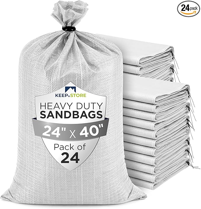 Heavy Duty Sand Bags Pack of 24, White Empty Sandbags with Built-In Ties, Woven Polypropylene UV Protection 1600 Hours, Fillable Bags for Flood Control, Weight, 24x40 inches, 125 Pounds Volume