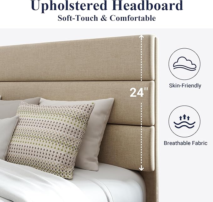 Allewie Queen Size Platform Bed Frame with Fabric Upholstered Headboard and Wooden Slats Support, Fully Upholstered Mattress Foundation/No Box Spring Needed/Easy Assembly, Beige
