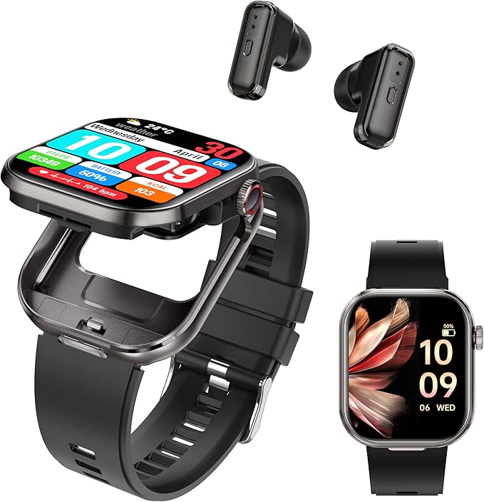 Smart Watch with Earbuds, 2.02" HD Screen，2 in 1 Smart Watches for Women, Waterproof Fitness Tracker Watch with Wireless Earphone Compatible for Android iOS with Sports Monitor Sleep/Black