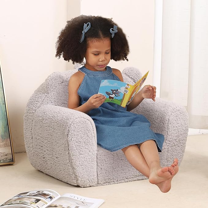Kids Snuggly-Soft Sherpa Chair, Teddy Bear Cuddly Toddler Foam Chair for Boys and Girls, Grey