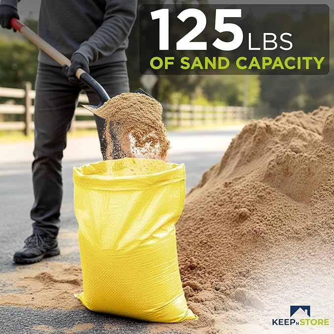Heavy Duty Sand Bags Pack of 5, Bright Yellow Empty Sandbags with Built-In Ties, Woven Polypropylene UV Protection 1600 Hours, Fillable Bags for Flood Control, Weight, 24x40 inches, 125 Pounds Volume