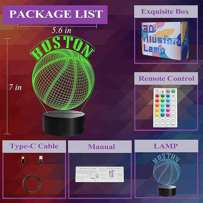 Basketball Night Light, Boston Gifts for Boy, 3D Illusion Lamp with Remote Control, 16 Colors Changing, RGB Flashing Mode and Dimmable, Gifts for Boys Christmas Decor (Boston)