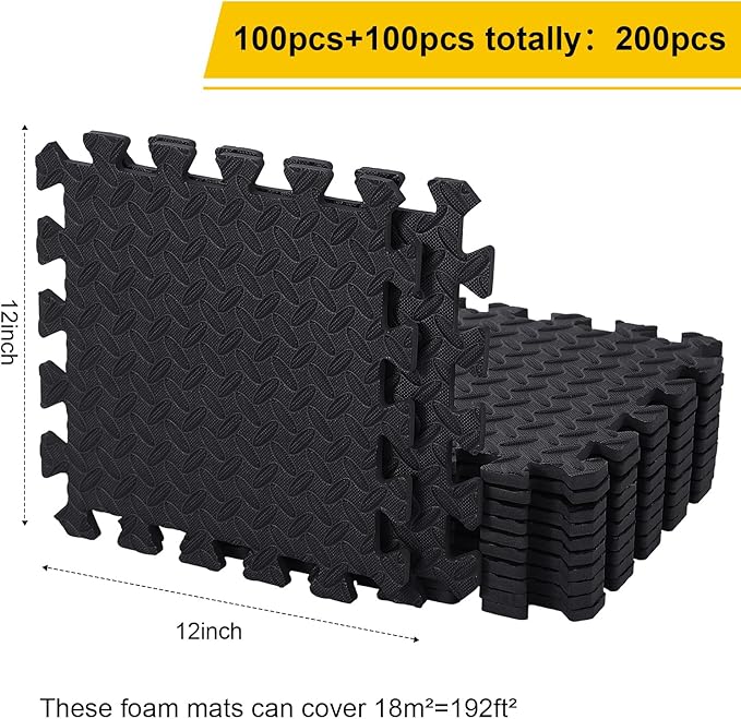 Ecally 200 Pcs 12 x 12 Gym Mat Foam Floor Mats for Home Gym Covers 96 Sq Ft Puzzle Exercise Square Interlocking Carpet Tiles with Border for Workouts Equipment Yoga Pilates (Black)