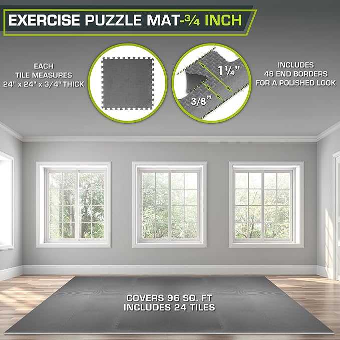 ProsourceFit Weaved Pattern Extra Thick Exercise Puzzle Mat ¾-inch, EVA Foam Interlocking Tiles for Protective, Cushioned Flooring for Home and Gym Equipment; Grey, 96 SQ FT, 24 Tiles