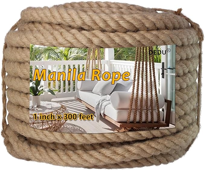 Manila Rope 1 Inch X 300 Ft, Natural Hemp Rope 4 Strand Twisted, Thick Large Heavy Duty Multipurpose for Swing Bed, Camping, Tug of War, Docks, DIY Projects