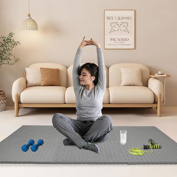 Fitvids Puzzle Exercise Gym Flooring Mat, 3/4" Thick High-Density EVA Interlocking Tiles Workout Mat for Home Gym, Fitness Equipment, MMA, Gymnastics, 6-Piece Shock-Absorbing Exercise Mat (24 Sq Ft)