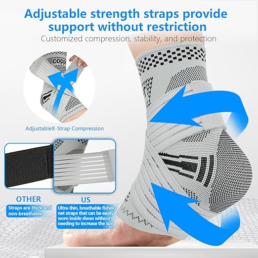 DRNAIETY Copper Ankle Brace for Men & Women - 1 Pair Adjustable Ankle Support Compression Sleeve for Plantar Fasciitis, Achilles Tendonitis, Foot Pain, Swelling, Sprains - Everyday Use (Grey, Medium)