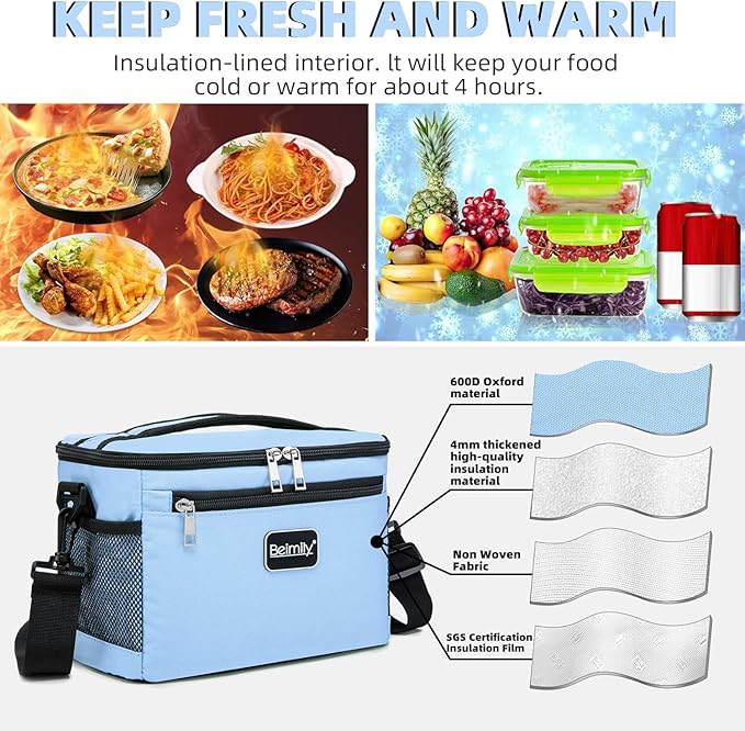 BEIMILY Lunch Box for Men/Women,Small Insulated Lunch Bag,Reusable LunchBox for work Picnic Hiking Beach,Leakproof Soft Cooler Tote Bag Organizer with Adjustable Shoulder Strap for Adults (Sky Blue)