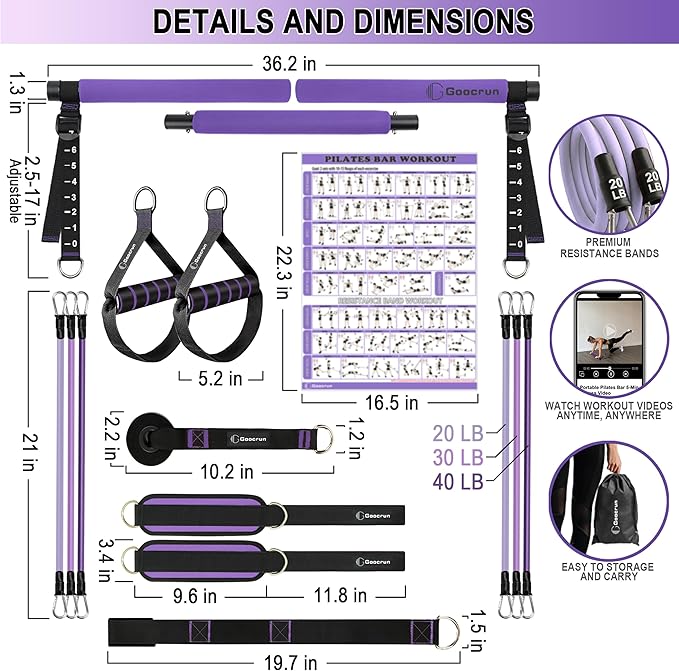 Goocrun Portable Pilates Bar Kit with Resistance Bands for Men and Women - 3 Set Exercise Resistance Bands - Multifunctional Home Gym - Supports Full-Body Workouts – with Fitness Poster and Video