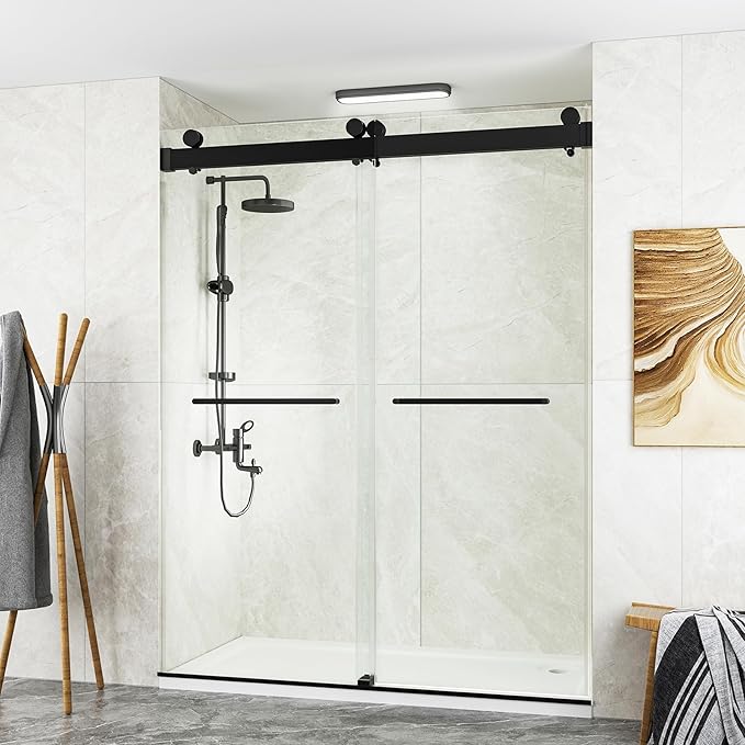68-72" W x 76" H Shower Door,Frameless Shower Door,Double Sliding Glass Shower Door with 3/8" (10mm) Clear SGCC Tempered Glass, Roller Disc System (Matte Black, 72" Wx76 H-Double Sliding)