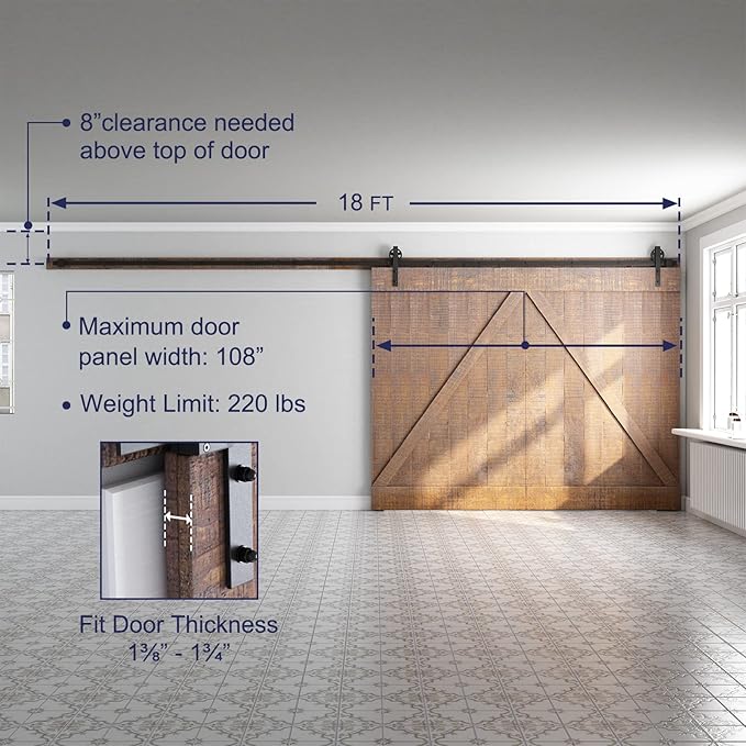 SMARTSTANDARD 18 Feet Heavy Duty Sliding Barn Door Hardware Kit, 4FT - 18FT, Black, Smoothly and Quietly, Simple and Easy to Install, Fit 108" Wide DoorPanel (Industrial Bigwheel Hangers)