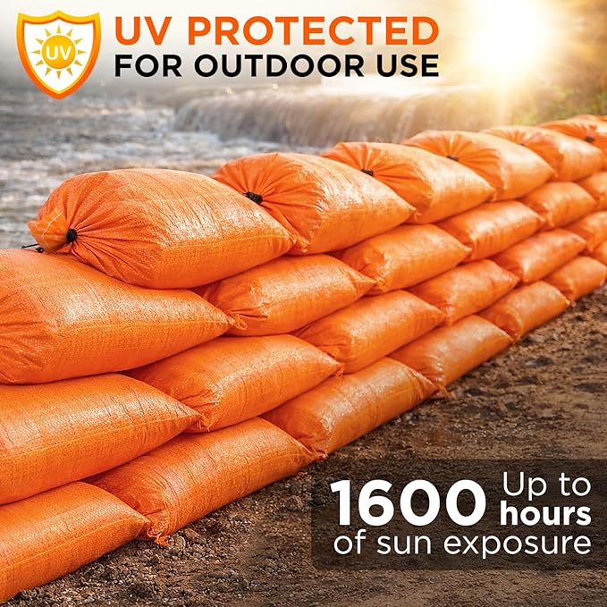 Heavy Duty Sand Bags Pack of 5, Bright Orange Empty Sandbags with Built-In Ties, Woven Polypropylene UV Protection 1600 Hours, Fillable Bags for Flood Control, Weight, 14x26 inches, 50 Pounds Volume