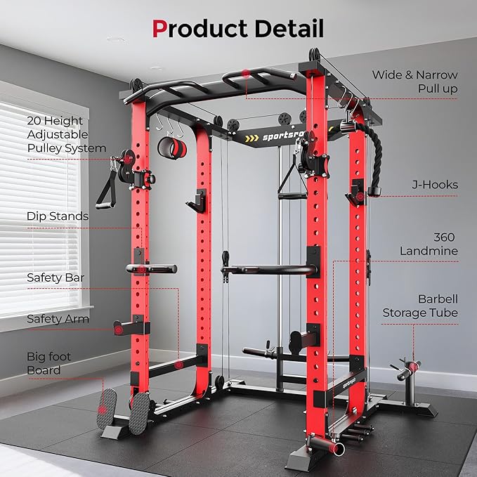 SPORTSROYALS Power Rack, Multi-Functional Power Cage, Squat Rack with Pulley System & LAT Pull Down, Workout Cage with J Hooks for Home Gym