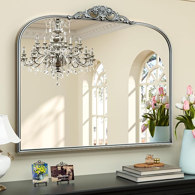 Keonjinn Vintage Mirror for Wall, 40" x 30" Silver Mirror with Metal Frame, Ornate Arched Decoration, Brass Mirror for Mantle, Living Room, French Cleat Mounting