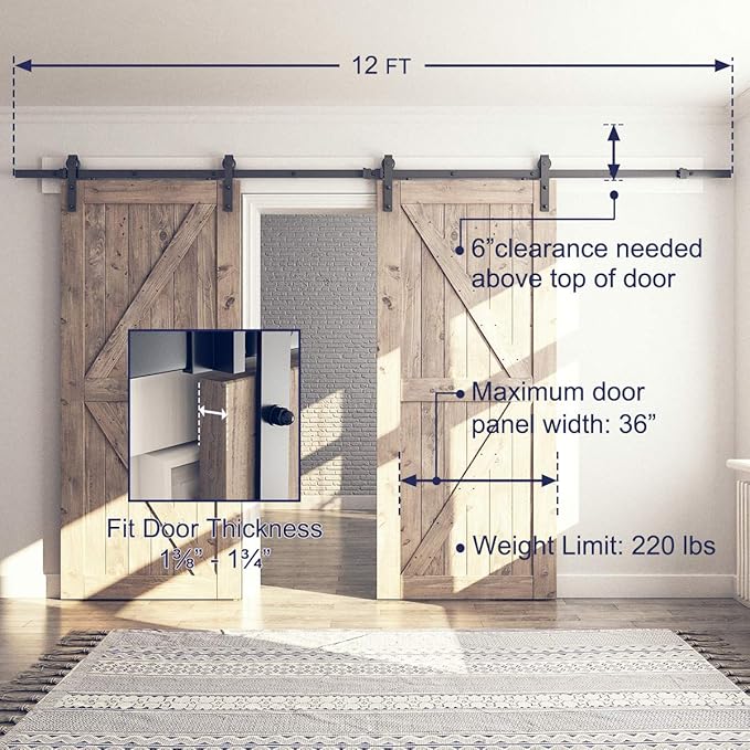 SMARTSTANDARD 12 FT Double Barn Door Hardware Kit, Sliding Door Track-Smoothly and Quietly-Includes Detailed Installation Fit 36" Wide Doorpanel (J Shape Hanger) Black