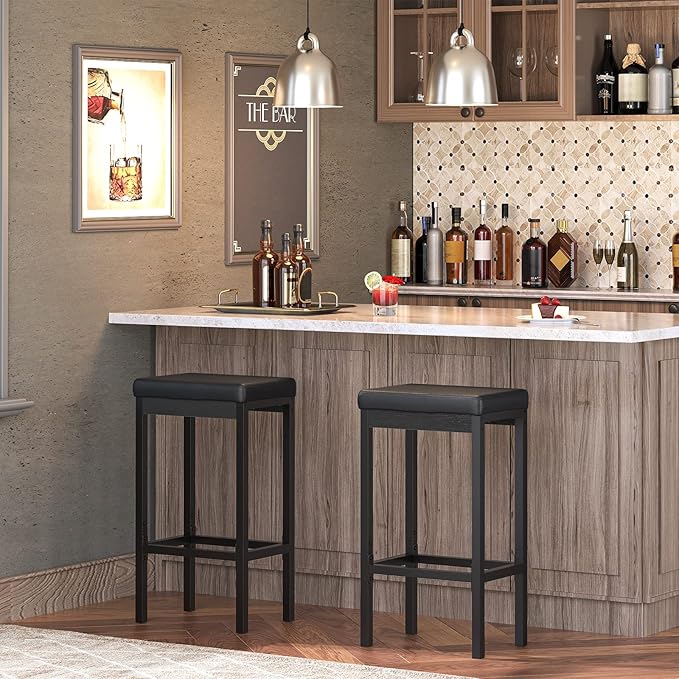 HOOBRO Bar Stools, Set of 2 Bar Chairs, 24.8-Inch Height Stools, Breakfast Bar Stools, Kitchen Stools, 2" Thick Upholstery, for Kitchen, Dining Room, Cafe, Bar Counter, Black BB21BY01