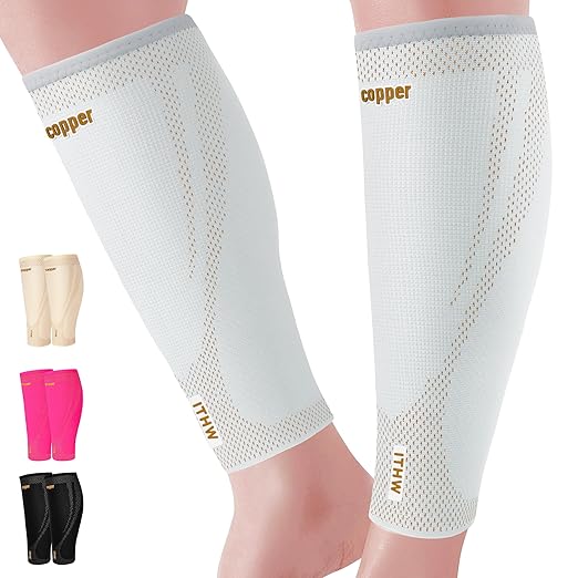 Copper Calf Compression Sleeves for Men & Women - High Stretch Graduated Compression with Anti-Slip Grip | Breathable & Smooth Lining Footless Design for Runners, Shin Splints, Leg Fatigue & Travel (Light Gray, XX-Large)