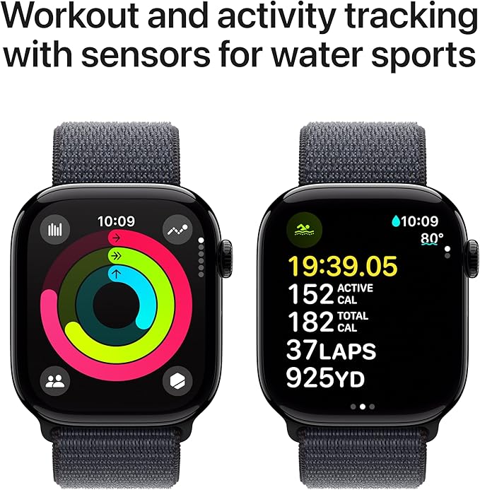 Apple Watch Series 10 [GPS 46mm] with Jet Black Aluminium Case with Ink Sport Loop. Fitness Tracker, ECG App, Always-On Retina Display, Carbon Neutral with AppleCare+ (2-years)