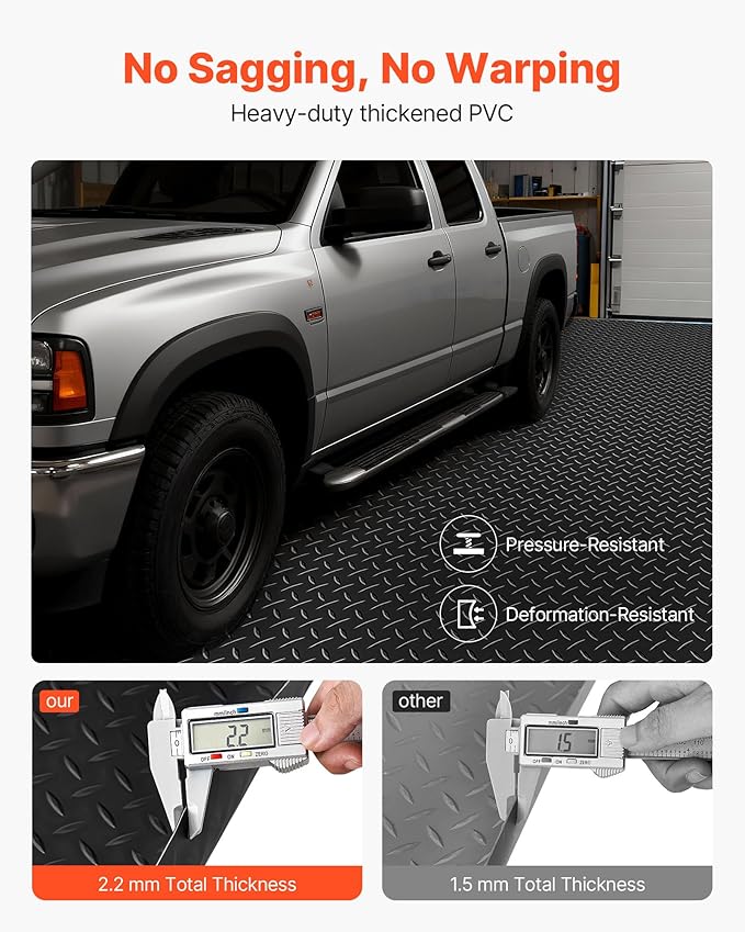 VEVOR Garage Floor Roll, 7.5 x 20 ft Garage Flooring Mat, 2.2 mm Thickened PVC Diamond Plate Floor Protector Mat with Double-Sided Tape, Non-Slip, Easy to Clean for Warehouse, Gyms, Trailer, Black