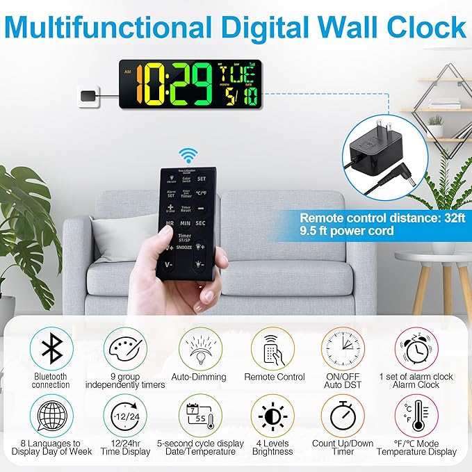CYMHCHL Large Digital Wall Clock 17.2" Bluetooth Auto Time Sync Led Digital Clock Large Display 11 RGB Colors Auto-Dimming/DST Big Timer with Remote Control for Living Room Classroom Decor Garage Gym