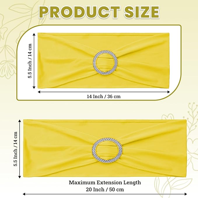 VDS - Yellow | Spandex Chair Sashes Bows | 50 PCS | Stretch Elastic Banquet Universal Folding Chair Band Tie with Silver Buckle Slider for Wedding Party Conference Celebration Event Decoration