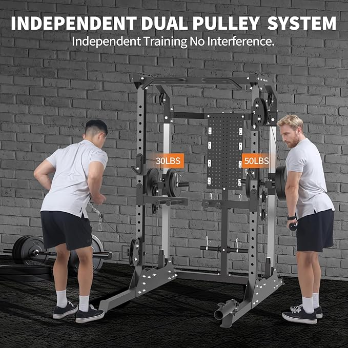 Power Cage, 2000LB Power Rack with Independent Dual Pulley System, Multi-Function Home Gym Workout Machine for Stability & Strength Training