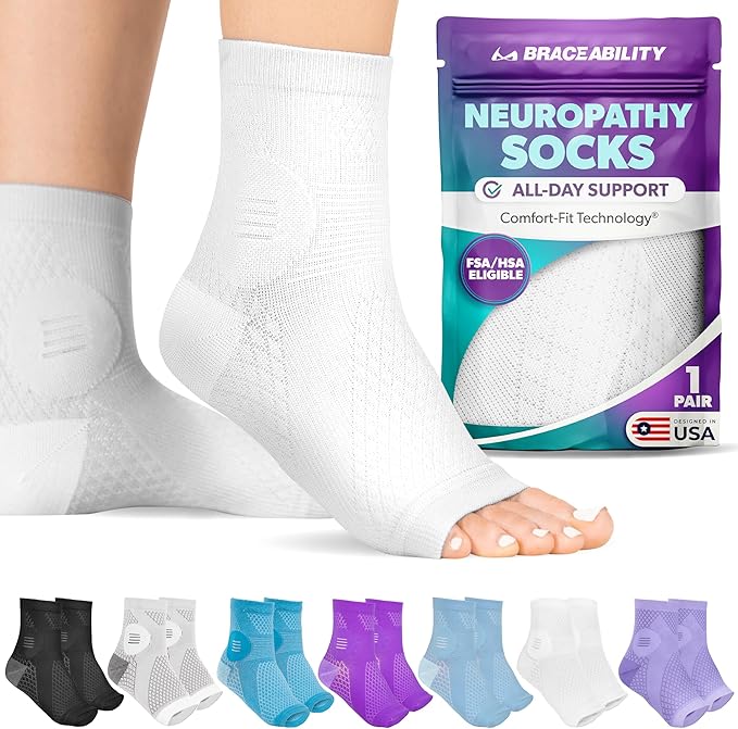 BraceAbility Neuropathy Socks (Pair) - Peripheral Neuritis Compression Diabetic Toeless Foot Sleeves for Nerve Damage Pain in Feet, Ankle Gout, Plantar Fasciitis Relief Brace for Men and Women (S - White)