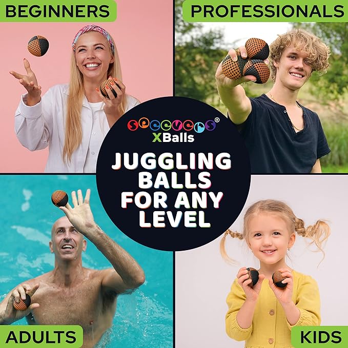 speevers Juggling Balls for Beginners and Professionals Set of 3, 14 Colors Available, 2 Layers of Net and Carry Case, Xballs Juggling Balls (Black - Orange, 3.9 oz)