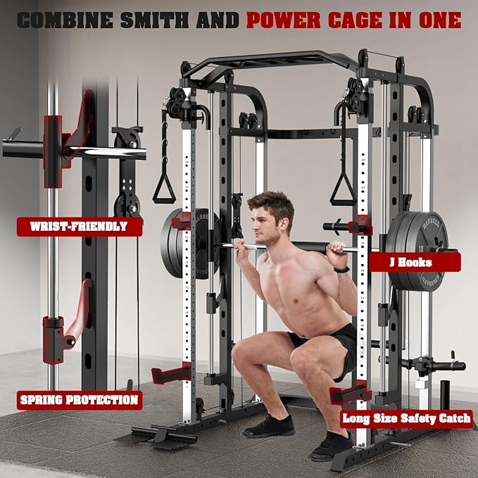 Smith Machine, Multifunctional Power Cage Rack with Smith Bar and Cable Pulley System, and LAT Pull Down Machine for Home Gym…