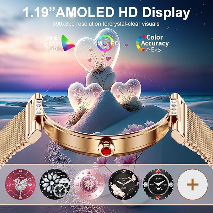 Smart Watch for Women, 1.19" AMOLED Touchscreen Fitness Watch（Calls/Notifications）3 Straps, 24H Heart Rate/Sleep Monitor/Female Cycle, 120+ Sports Modes, IP68 Waterproof Smartwatch for Android iPhone