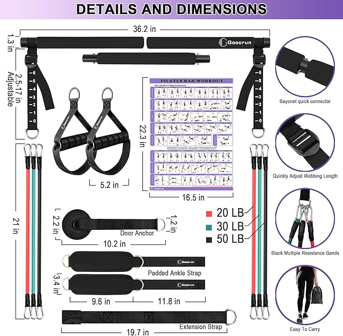 Goocrun Portable Pilates Bar Kit with Resistance Bands for Men and Women - 3 Set Exercise Resistance Bands - Multifunctional Home Gym - Supports Full-Body Workouts – with Fitness Poster and Video